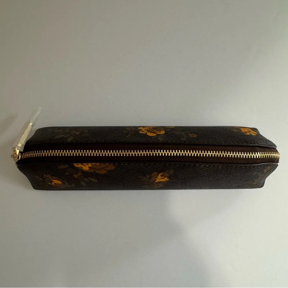 NWT Coach CCI83 Floral Signature Canvas Pencil Case Walnut Yellow
